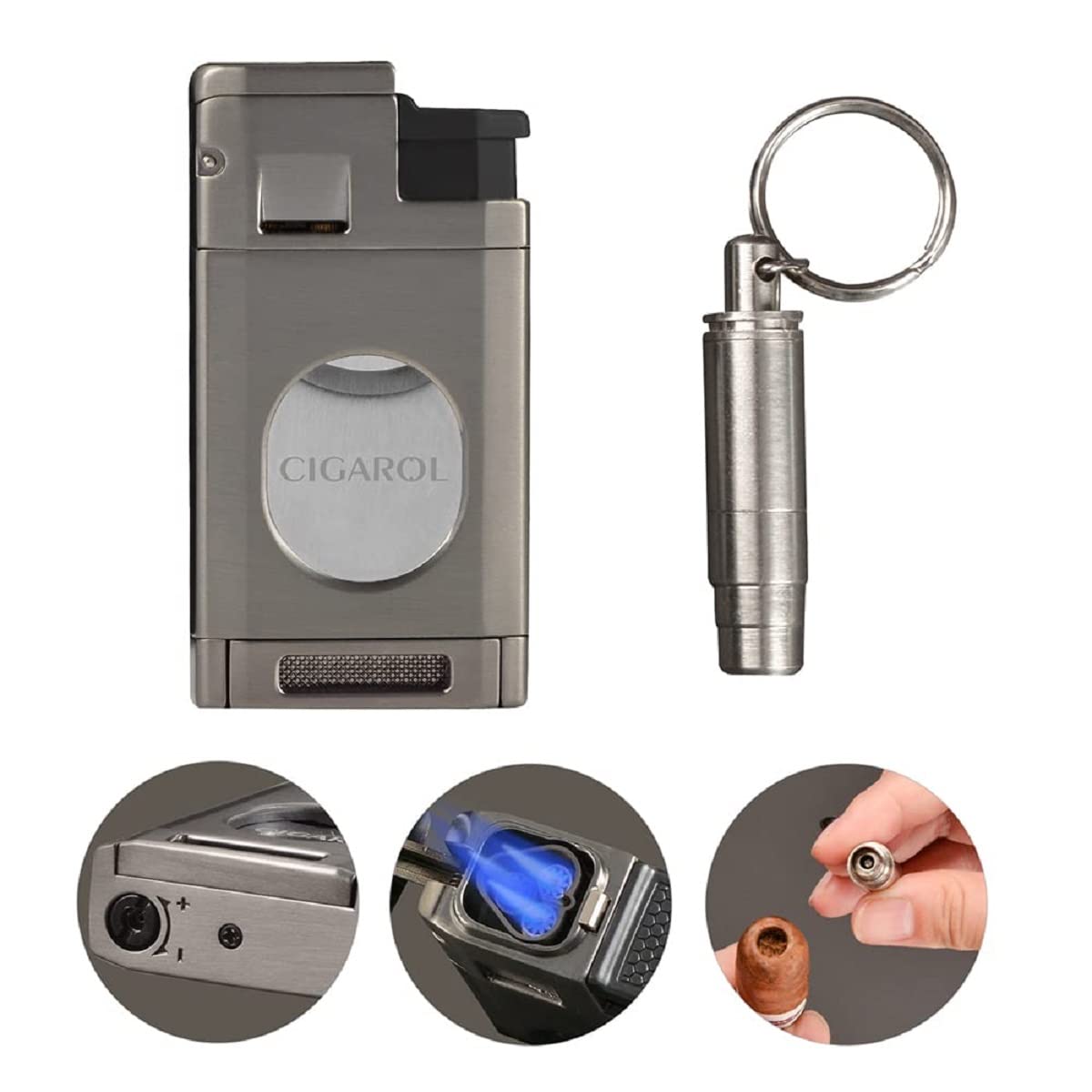 Leder Zigarren Humidor Set mit 3-in-1 Zigarrenfeuerzeug & Befeuchter, Tragbare Reise Leder Zigarrenetui für 6 Zigarren, Locher Zubehör, Geschenk für Weihnachten (Schwarz)