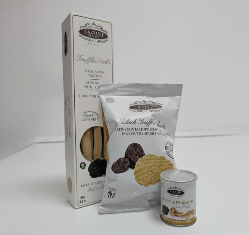 Coffret Apéritif Gourmet à la Truffe Noire | Chips Rustiques, Gressins Artisanaux & Cacahuètes Salées au Truffe Noire | Snack Italien Haut de Gamme –...