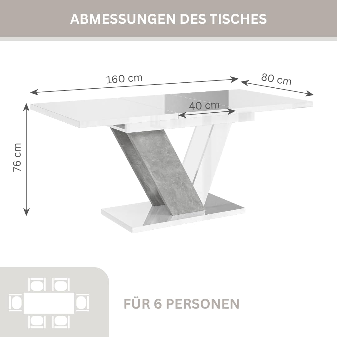 Dubai Eleganter Ausziehtisch 120-160x80 cm Großer Esstisch Loft Stil Weiß Hochglanz Betonoptik