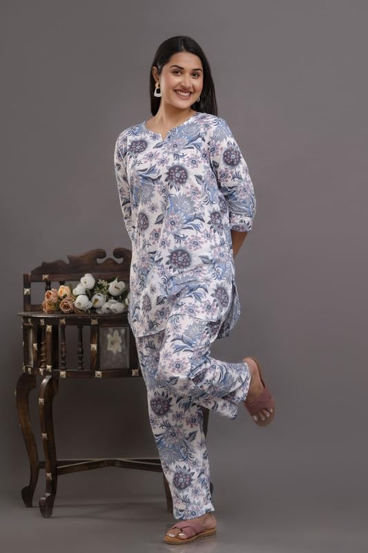 Image of Pure Cotton Printed Night Suit Top and Pyjama Set for Women's Night Dress of Shirt & Pyjama Set for Womens
