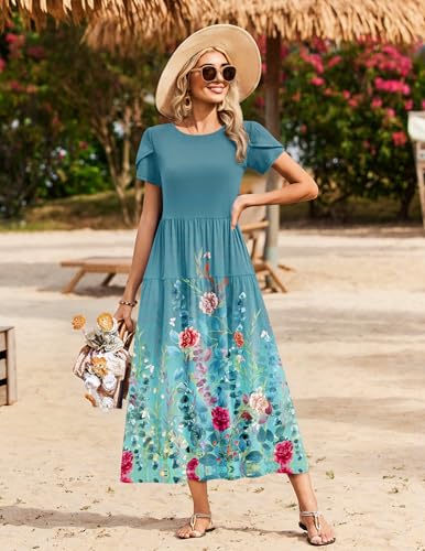Image of Zeagoo Summer Dresses for Women 2026 Maxi Bohemian Floral Short Sleeve Long Dress Casual Flowy Tired Beach Sundress