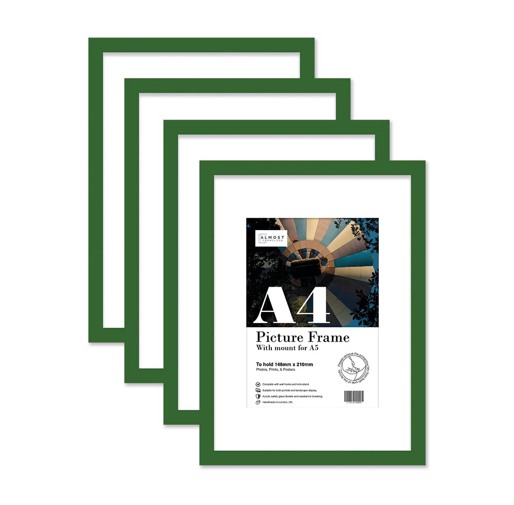 Almost Frameless A4 Green Picture Frame Set of 4, Display A5 Pictures with Mount or A5 Without Mount Gallery Wall, Poster, Photo, Artwork, or Print, Green