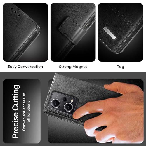 Image of WOW IMAGINE Shock Proof Hand Stitched Royal Flip Cover Case for Xiaomi Redmi Note 12 Pro 5G (Flexible | Leather Finish | Wallet Case Card Holders & Stand | Tanned Black)