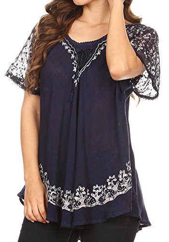 Image of Sakkas Ash Speckled Tiedye Embroidered Cap Sleeve Blouse Top with Embroidery Hems