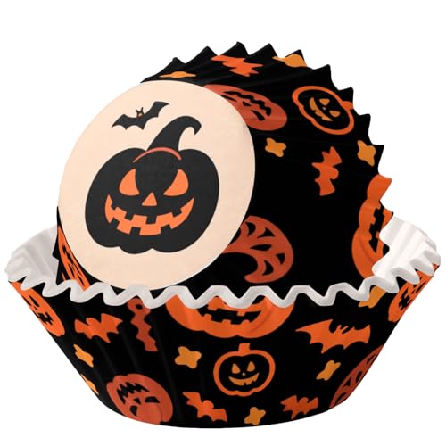 MOMAHUA 100 Pezzi Pirottini Halloween,Cupcake per Muffin Carta, Zucca Nera Decorazioni Cake Halloween Feste,Misura Standard