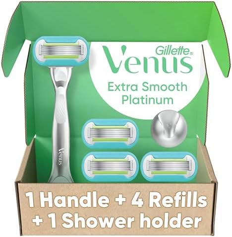 Gillette Venus Extra Smooth Razor for Women, Includes 1 Reusable Handle + 4 count 5-Bladed Refills with Durable Metal Handle and Shower Holder