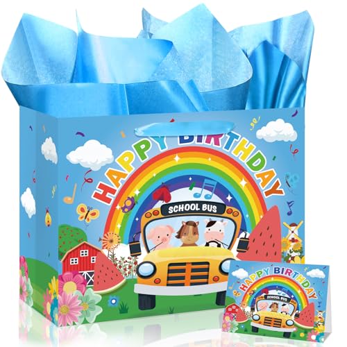 Cartoon Melon Birthday Gift Bags Cartoon Melon Themed Party Favors Bag with Card Tissue Paper Watermelon School Bus Rainbow Wrapping Paper Bag for Kids Birthday Party Party Supplies