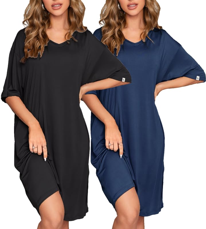 Image of ft FENTENG 2-Pack Women's Nightgowns Short Sleeve Nightshirt V Neck Soft Sleepwear Casual Sleepshirts Loose Pajama Dress