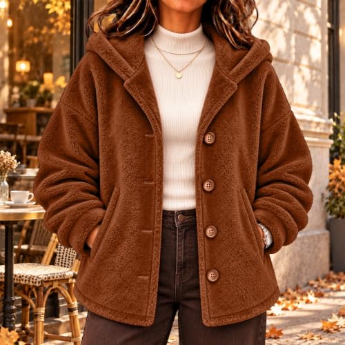 Sherpa Fleece Jacket Women Warm Cozy Button Up Hooded Teddy Coats Brown - image 2