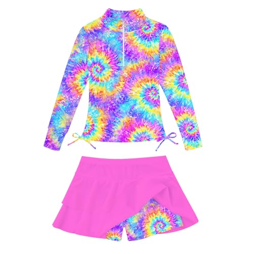 Image of Vogseek 3-12T Girls Swimsuit Long Sleeve Rashguard Bathing Suits Swim Set | Quick Dry, UPF 50+ Sun Protection, Swimming Skirt, Boyshorts, Zipper Two Piece Long Sleeve Swimsuits, Adjustable Drawstring