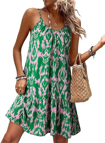 Image of Dokotoo Summer Dresses for Women 2026 Spaghetti Strap Sexy Deep V Neck Smocked Ruffle Flowy Boho Dresses