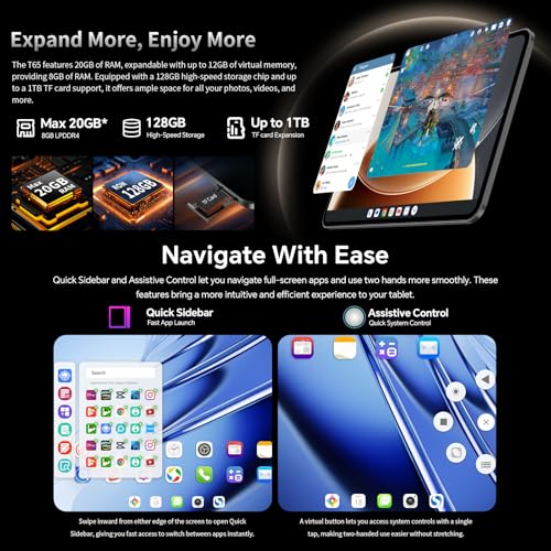 TECLAST Tablet 13.4 Inch, T65 Android 16 Tablet, 26GB RAM 128GB ROM(TF 1TB), 8000mAh, 2.4G/5G WiFi,1920x1200 IPS, Quad-Core Large Tablets, 5+13MP, BT5.0 - Metal - Image 6