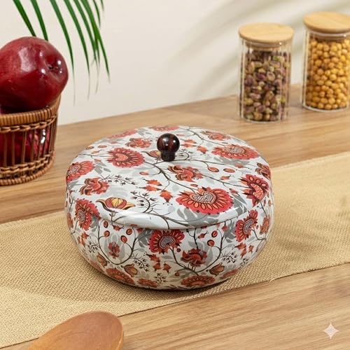 Image of HandmadeWood Roti Box with Lid | Enamel-coated Chapati Box for Serving & Storage | Wooden Hot Pot Casserole Dabba for Bread, Snacks, and Roti (22.5W) 22.5L 12.5H, Floral