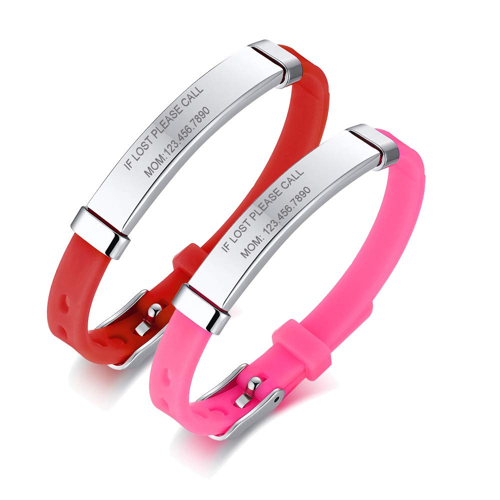 Pack of 2 Assorted Color Personalised Stainless Steel Soft Silicone Child Safety ID Bracelets Adjustable Anti-Lost ID Wristbands for Kid Girls Boys