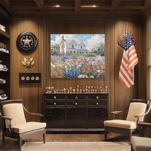 Image of Memorial Day Canvas Wall Art, Vintage Patriotic Cottage Print, Wildflower Garden and Farmhouse Landscape Poster Framed Art, Summer Independence Day Decor for Entryway or Living Room 8x10inch