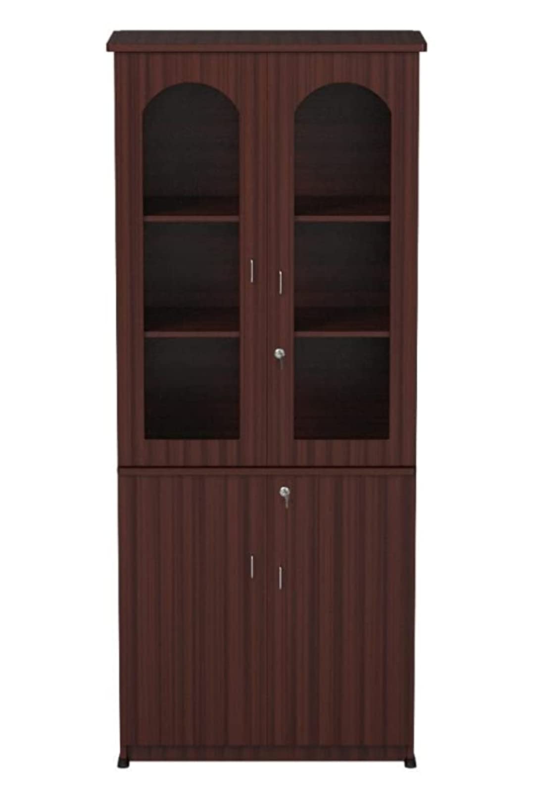 Two Door Multimedia Unit Engineered Wood Matte Book Shelf Book Cabinet With Glass Doors, Maroon, Set of 1