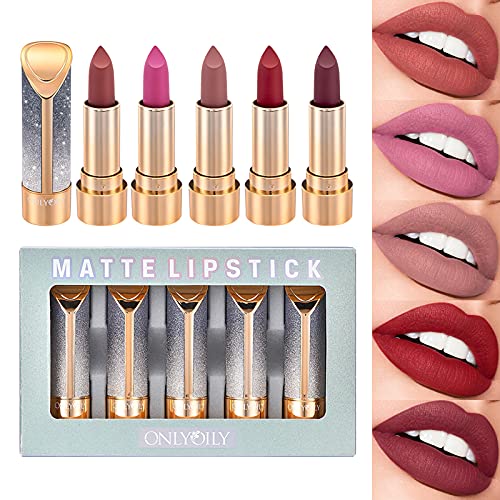 ONLYOILY 5PCS Lipstick Set Makeup, Lip gloss, Lip Makeup, lip plumper,maquillaje para mujer,Waterproof Long Lasting 24 matte lipstick,Lip Gloss Kit, red lipstick for women,Girls Make Up Gift Set