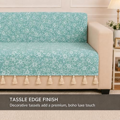 Image of STITCHNEST 'Verdant Phool Stories' 2 Seater Sofa Cover - Full Coverage| Elegant Jacquard Fabric, Decorative Tassels, Washable & Durable for Modern Living