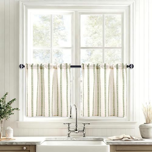 JIUZHEN Farmhouse Striped Linen Kitchen Curtains 2 Panels - Short