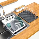 Dish drying rack expandable over the sink, in the sink and for cabinet and kitchen counter; Dish drainer rust proof, Large kitchen organizer with drainboard, two cutlery holders and 6 cup holders.
