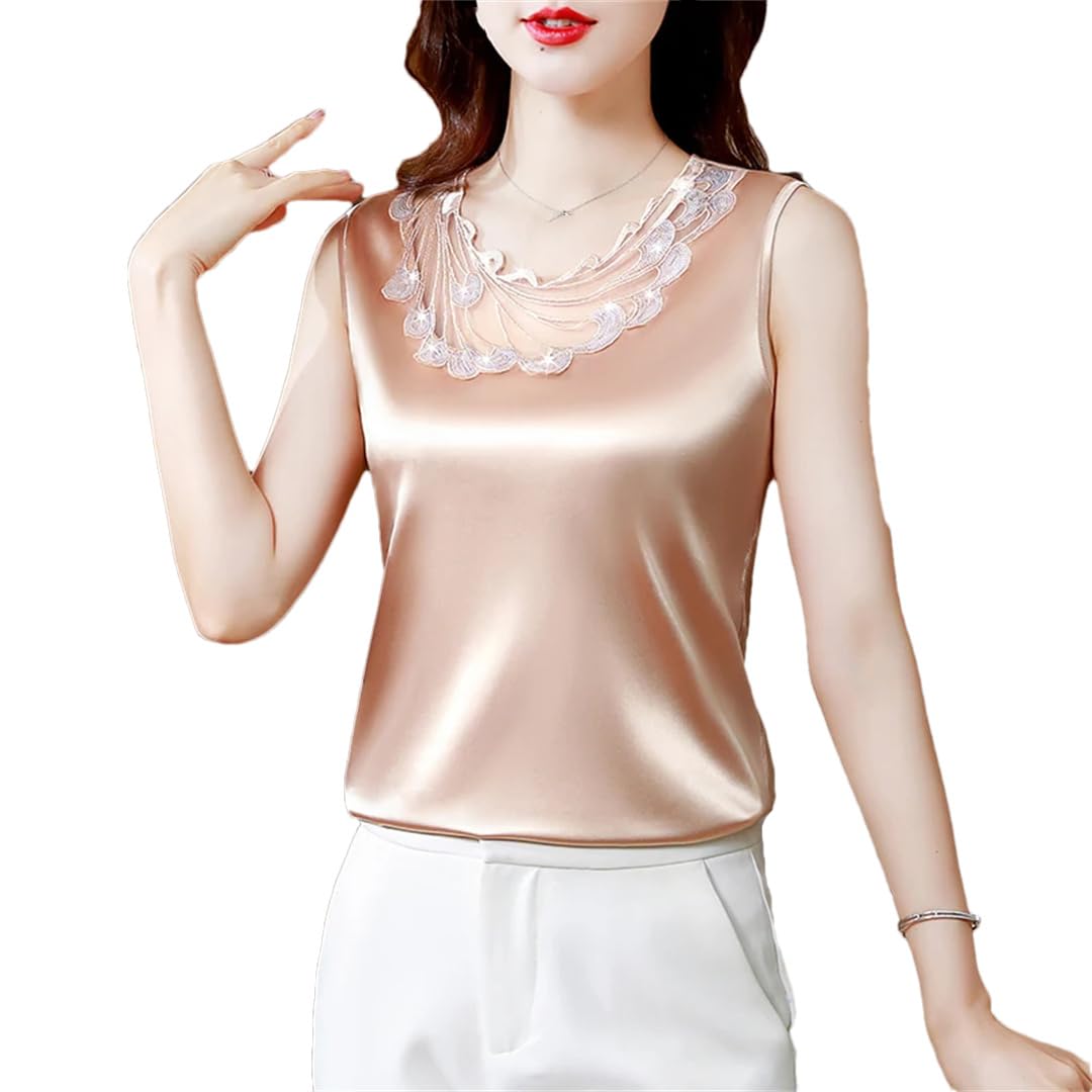 Donne Ricamo Senza Maniche Camicette di Seta Estate Raso Top Casual Sciolto Vest