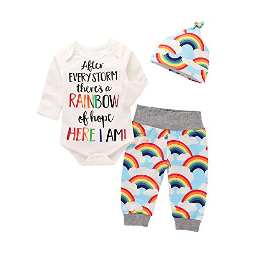 Juflam Neonato Baby Boy Girl Romper + Rainbow Pants + Hat Outfits Vestiti Set(100)