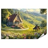 islandburner Prime XXL Bild Poster Ein idyllisches Haus und Klavier in der Blumenwiese für Wohnzimmer Musikliebhaber Musikgeschäft Premium Bilder Fotodruck