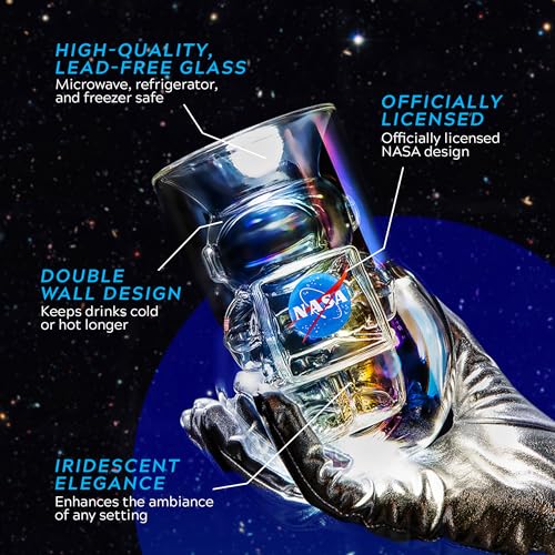 NASA Astronaut Glasses – 7 oz Set of 2 Double Wall Iridescent Drinkware with NASA symbol and Artemis Patch – Unique Glassware for Space Enthusiasts – Keeps Drinks Cold Longer
