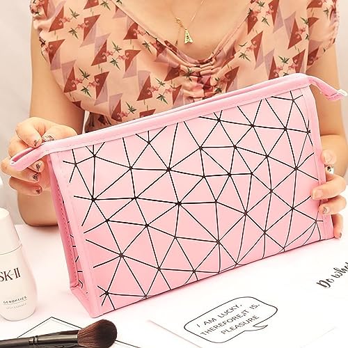 Image of Makeup Bag for Women, Diamond Pattern Makeup Bag with Zipper Large Capacity Travel Toiletry Bag - Pink