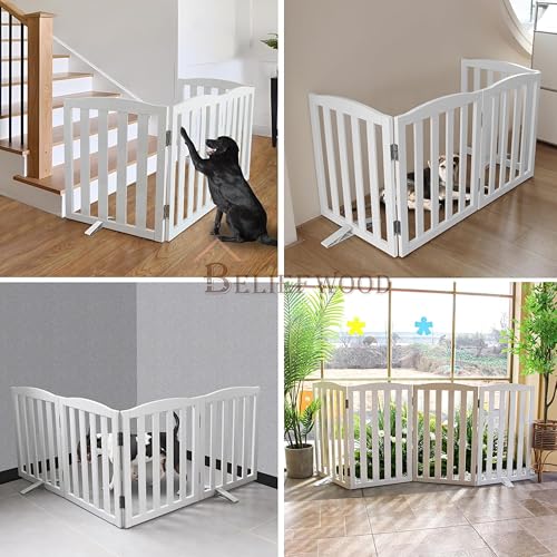 Image of Freestanding Pet Gate, Folding Safety Fence Wooden Kids & Dog Gate with 2PCS Support Feet Ideal for Stairs, Doorways, Halls, Kitchens, Indoors Gates, 24 inch(60 Cm), White (4 Panel)