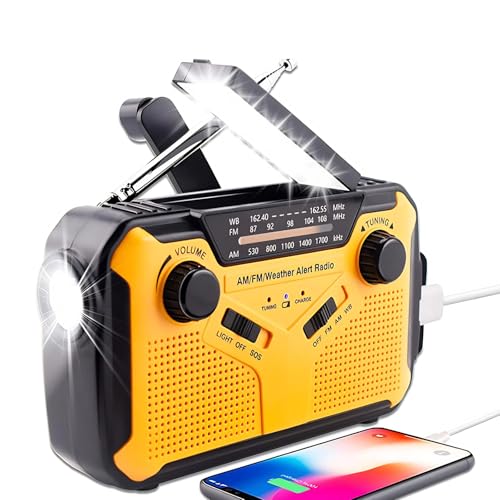 Weather Radio, Multifunction 4 Power Supply AM FM NOAA Emergency Radio with Adjustable Brightness for Camping, Outdoor (Yellow)