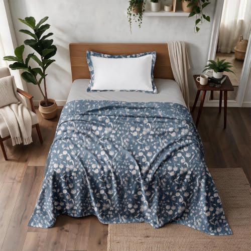 Image of Linen Home Cotton Percale Flat Bedsheet Set Single Size Blossomy Blue