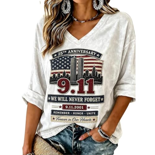 All American 25th Anniversary Never Forget 9/11 Tie Dye V Neck Shirt Womens Patriotic Graphic Tees Long Sleeve Apparel 2026 3/4 Sleeve White Medium