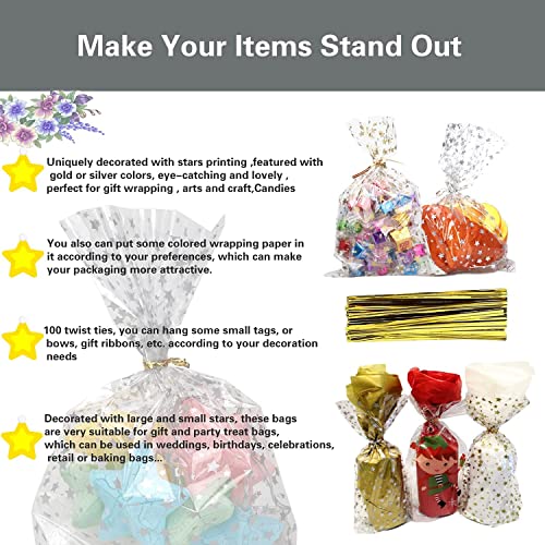 COQOFA 200 Pcs Star Printed 4"X 9" Gift Wrap Cello Cellophane Treat Bags Party Favor bags Clear Candy Cookie Bags Plastic Poly Goodie Storage Bags with Twist Ties for Bakery,Birthday, Wedding ,Party Decorations (Gold) — view 4