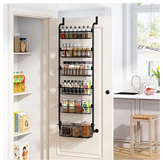 1Easylife 6-Tier Over the Door Pantry Organizer, Metal Pantry Organization and Storage with 6 Baskets, Heavy-Duty Back of Door Spice Rack for Kitchen (5x4.72+1x5.9 Width Baskets, Black)