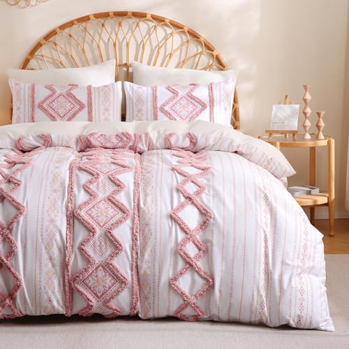 Image of Herside 100% Cotton Boho Duvet Cover Set King Size,Shabby Chic Aztec Western Pink Tufted Bedding,Farmhouse Luxury 3 Piece Textured Quilt Duvet Set for All Season Home Decor