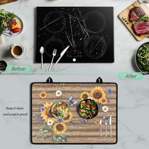 Image of Sunflower Wood Multi-Purpose Stove Top Cover Silicone Thermal Mat for Electric Stove(30 inchx21 inch) Scratch Resistant Glass Cooktop Protector & Dish Drying Mat
