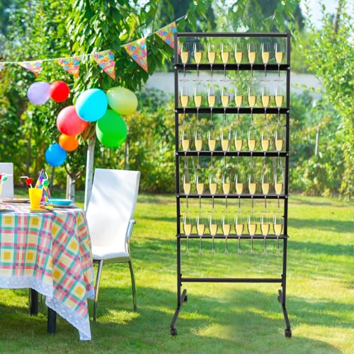 LuYuLTONG Champagne Wall Holder Hold 40 Glasses, 5-Tier Modern Metal Champagne Flutes Display Stand with 4 Lockable Wheels for Party, Wedding, Glasses (Black)