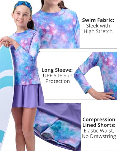 2 Pack: Girls Rash Guard Two Piece Bathing Suit Long Sleeve Swimsuit - Toddler Swimwear with Skirts Shorts 3T-12Y4