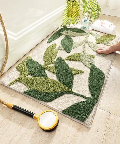 Green Leaves Bath Mats Bathroom Rugs Non-Slip Soft Microfiber Absorbent Machine Washable Entrance Doormat Boho Carpet for Bathroom Floor Tub Shower 17.5 X 25.5 Inches
