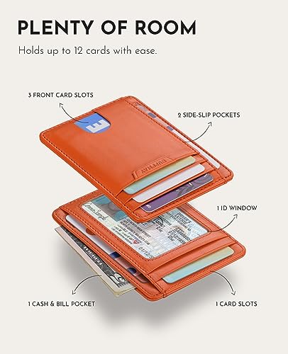 Image of Buffway Slim Wallet for Men Women Minimalist Small Leather Front Pocket Wallets with RFID Blocking and Gifts Box - Bassa Orange