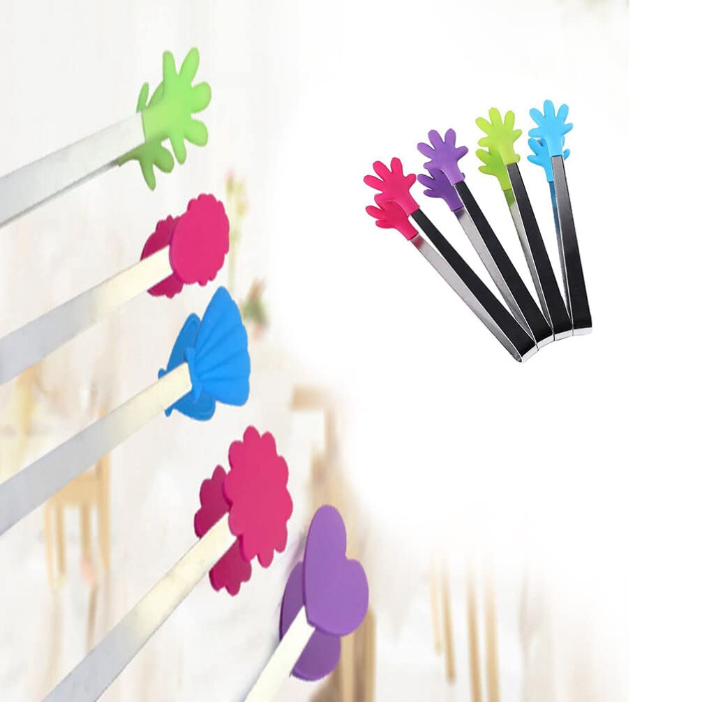 4 Pinces Mini En Silicone Et Inox - Pinces Alimentaires Forme Main - Pour Glaçons, Salade, Buffet - 12,5 Cm - 4 Couleurs