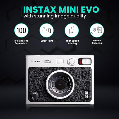Image of Fujifilm Instant Mini EVO Hybrid Camera Bundle with 20 Instant Film Sheets + 32GB Memory Card + Carrying Case + Flex Tripod + BluebirdSales Cleaning Cloth (Black)