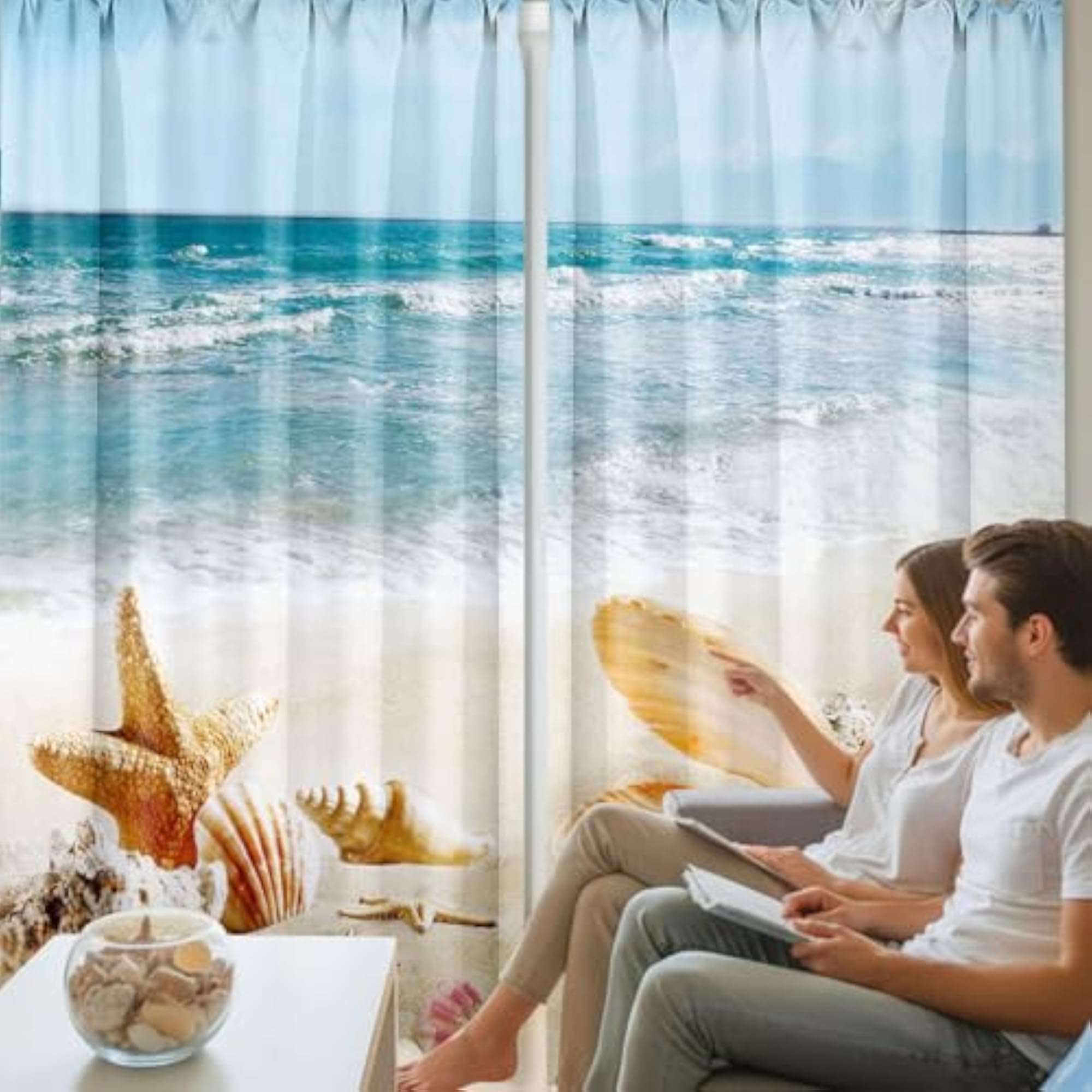 2 Pcs Summer Curtains for Living Room Ocean Beach Shell Starfish