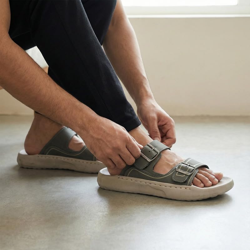 Image of WALKAROO Men's Slide Sandals with Soft Sole, Broad Straps with Buckles and Lightweight - WC8764
