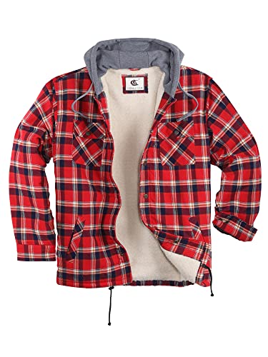 Image of COEVALS CLUB Men's Flannel Fleece Sherpa Quilted Lined Plaid Snap Work Shirt Jacket /Hooded