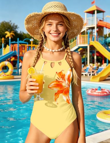 Image of KANGKANG Girls Swimsuit Quick Dry Cut Out One Piece Swimsuits with Tropical Print Cover Up Skirt Bathing Suit Swimwear 7-18Y