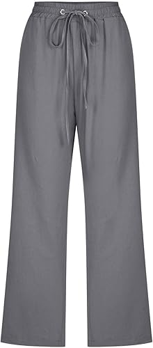 Miniatura 3 de SMIDOW Pantalones capri para mujer, estilo casual 2025, con cordón elástico, cintura alta, pantalones de lino rectos, pierna ancha, pantalones