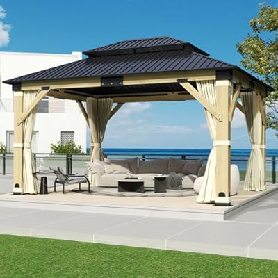 COVERONICS 13FT x 15FT Outdoor Cedar Wooden Gazebo - Patio Wood Frame Gazebo with Galvanized Steel Hardtop, Heavy-Duty Hardtop Gazebo with Netting & Curtains for Garden, Poolside, Deck, Backyard