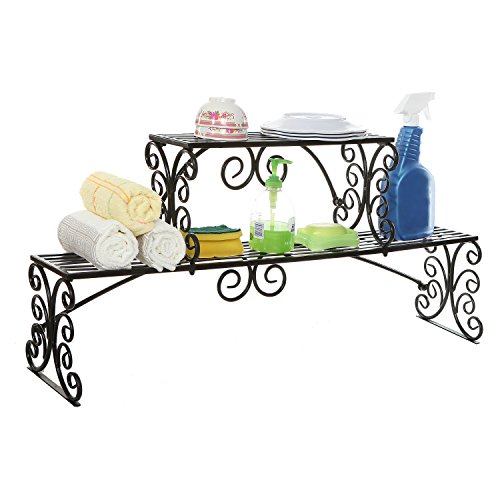 MyGift Black Metal Over the Sink Shelf with Scrollwork Design, 2 Tier Display Stand Organizer for Kitchen Accessories